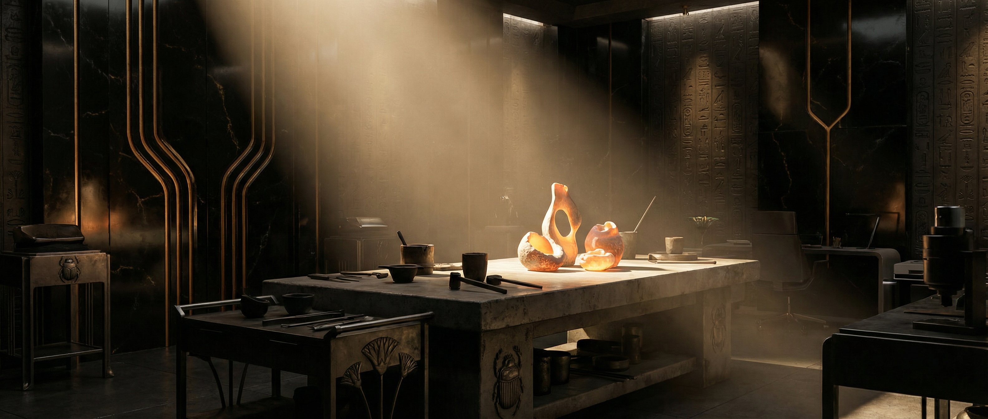 Molten ceramic forms with golden light in a dark studio