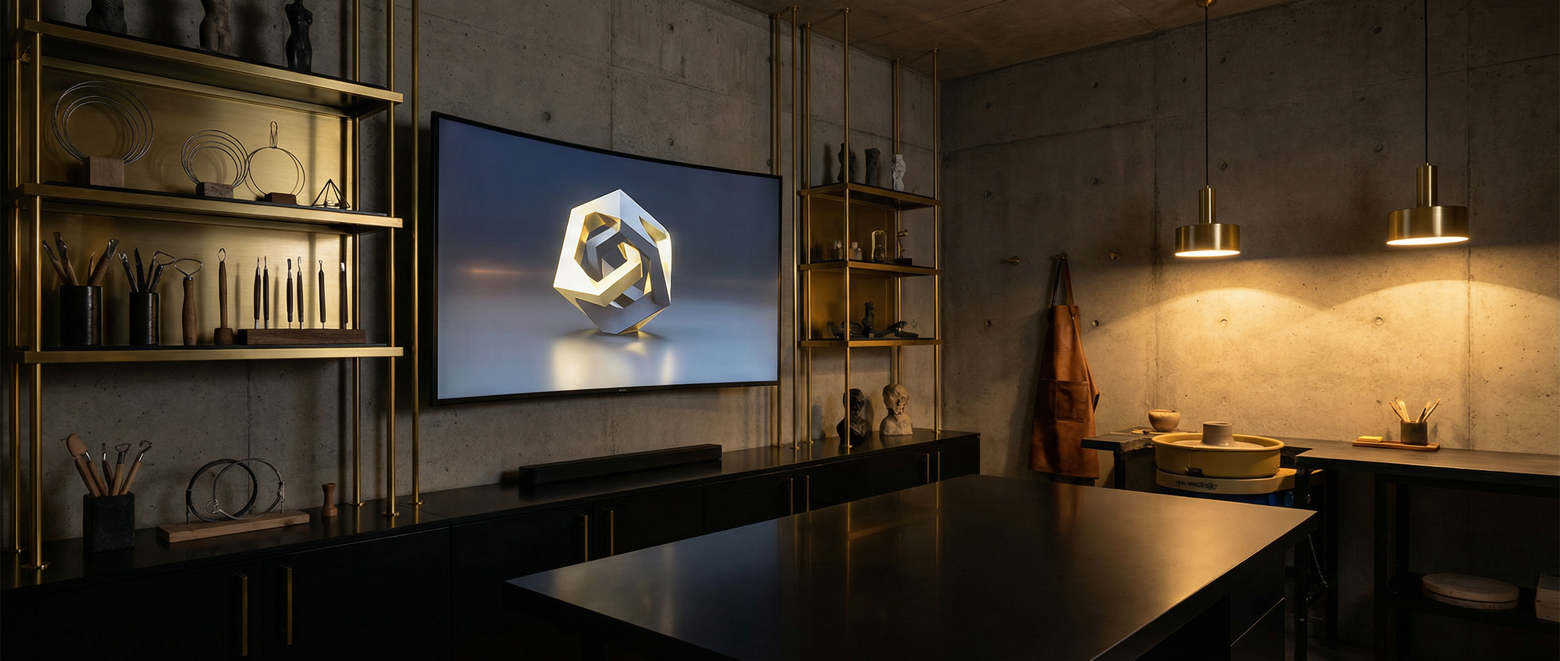 Studio workspace with ceramic tools and digital render on screen