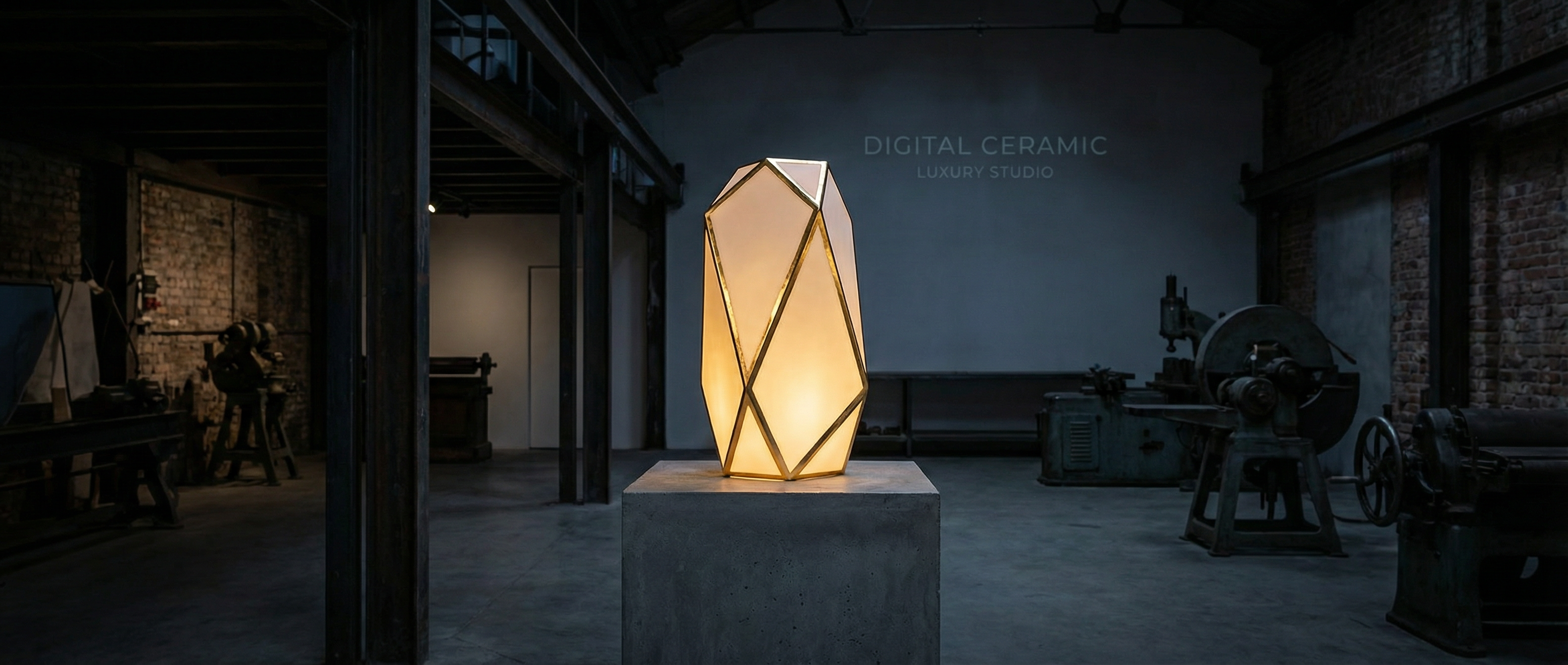 Digital ceramic render glowing in dark studio
