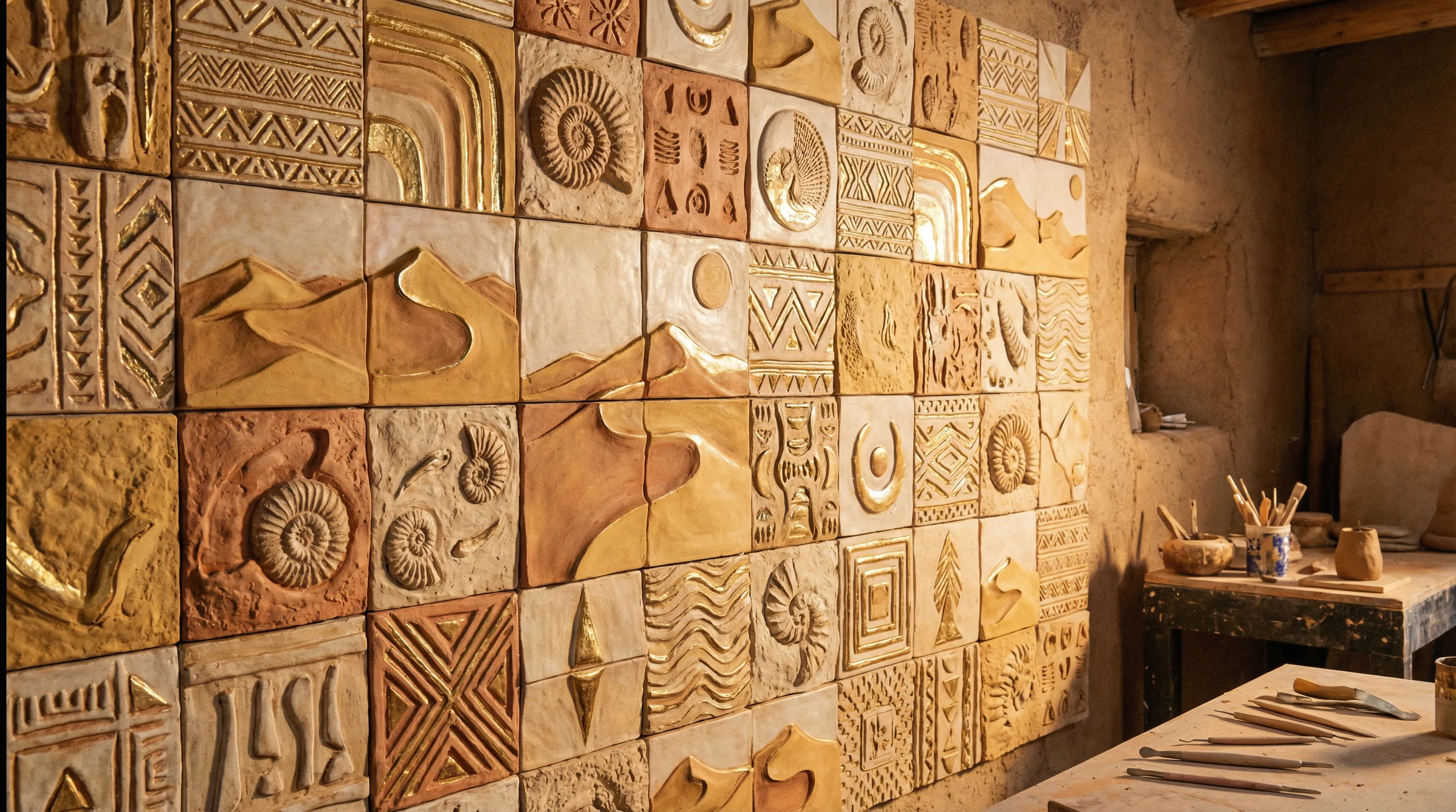Relief tile pattern in warm tones