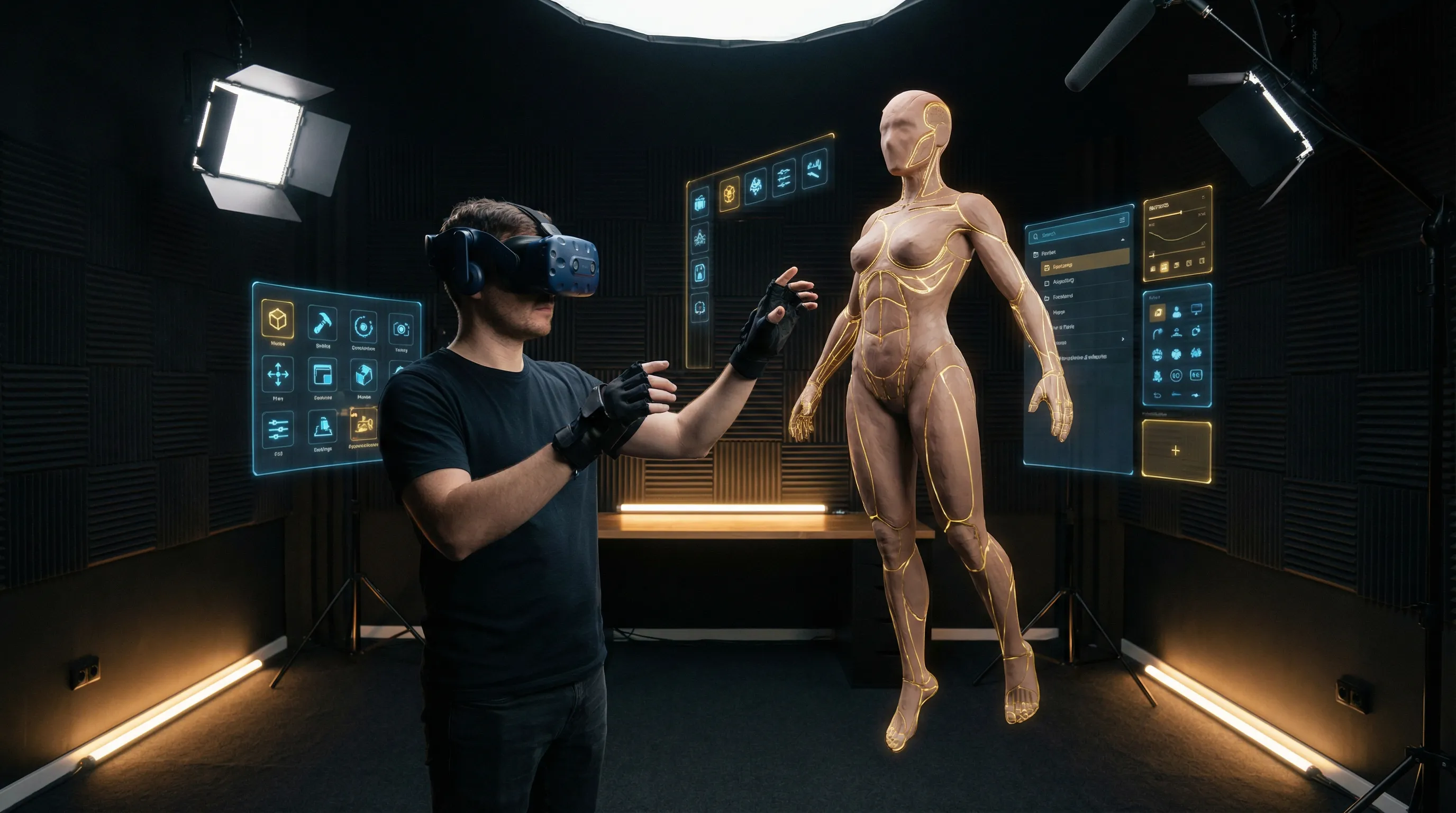 VR sculpting workspace with floating clay model